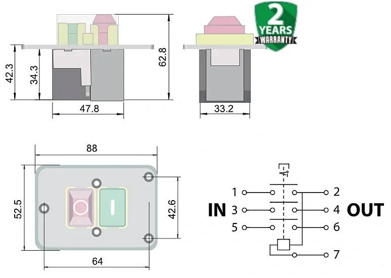 Tracon SSTM-327 Bezpečnostní tlačítko 7PIN, 400 VAC, 8A/AC3, IP54, 6,3×0,8
