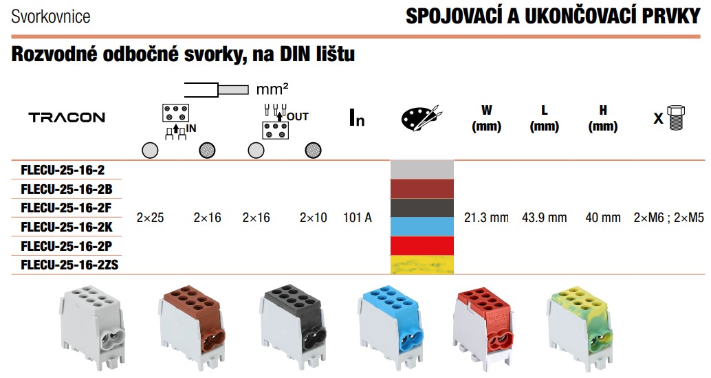 Tracon FLECU-25-16-2B Rozvodná svorka odbočná,na DINlištu, hnědá