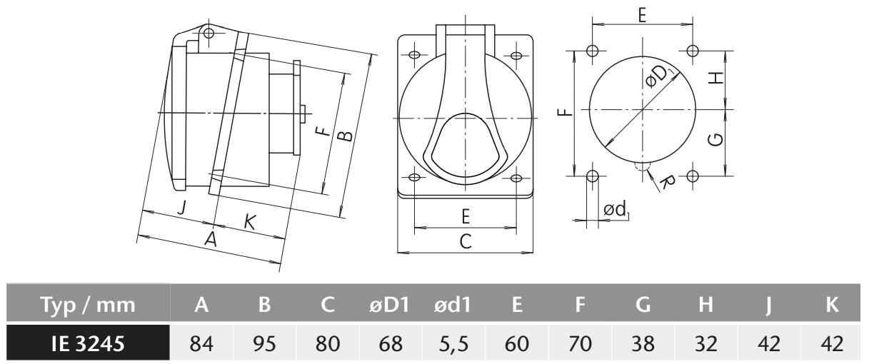 Průmyslová zásuvka vestavná IE 3245 500V, IP54, 32A, 4-pól šikmá