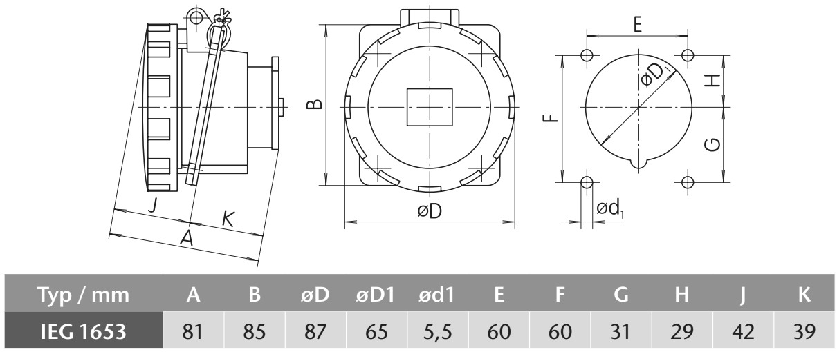 Průmyslová zásuvka vestavná IEG 1653 400V, IP67, 16A, 5-pól šikmá
