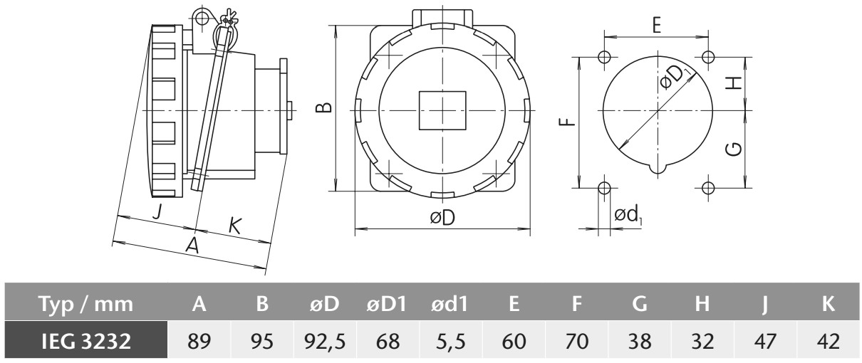 Průmyslová zásuvka vestavná IEG 3232 230V, IP67, 32A, 3-pól šikmá