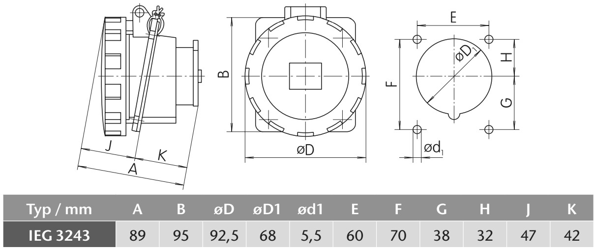Průmyslová zásuvka vestavná IEG 3243 400V, IP67, 32A, 4-pól šikmá