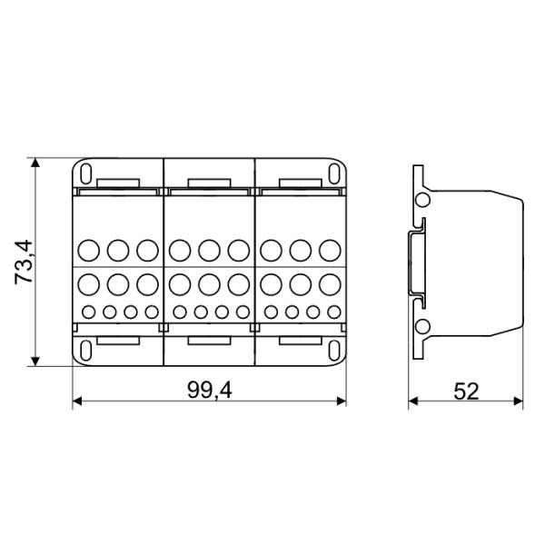 Tracon FLSO35-4P Odbočná svorka, s výklopným ochranným krytem 4×35(25)mm2 / 3×5×10,3×2×25 / 4×16,6×25mm2, 690VAC/DC,125A