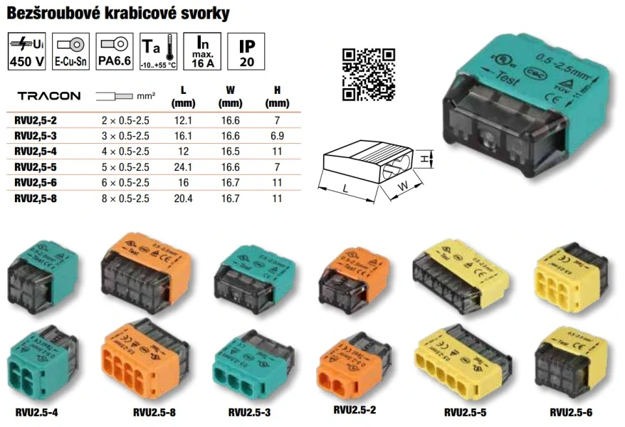 Tracon RVU2,5-3 Bezšroubová krabicová svorka, zelená 3x0,5-2,5mm2, 450VAC, max. 16A