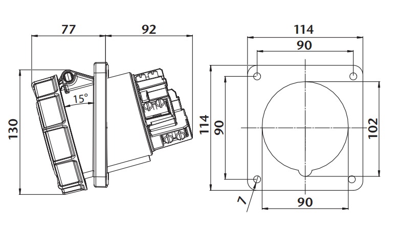 Průmyslová zásuvka vestavná IEGN 12545 500V, IP67, 125A, 4-pól šikmá