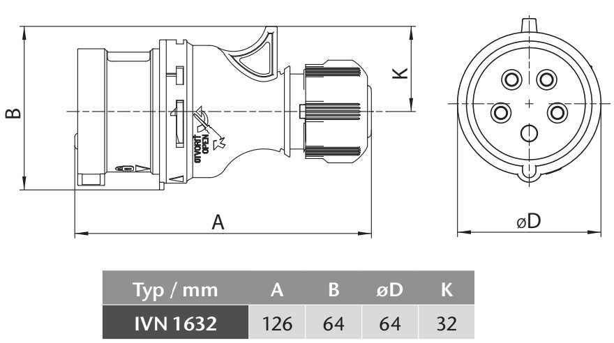 Průmyslová vidlice IVN 1632 230V, IP54, 16A, 3-pól