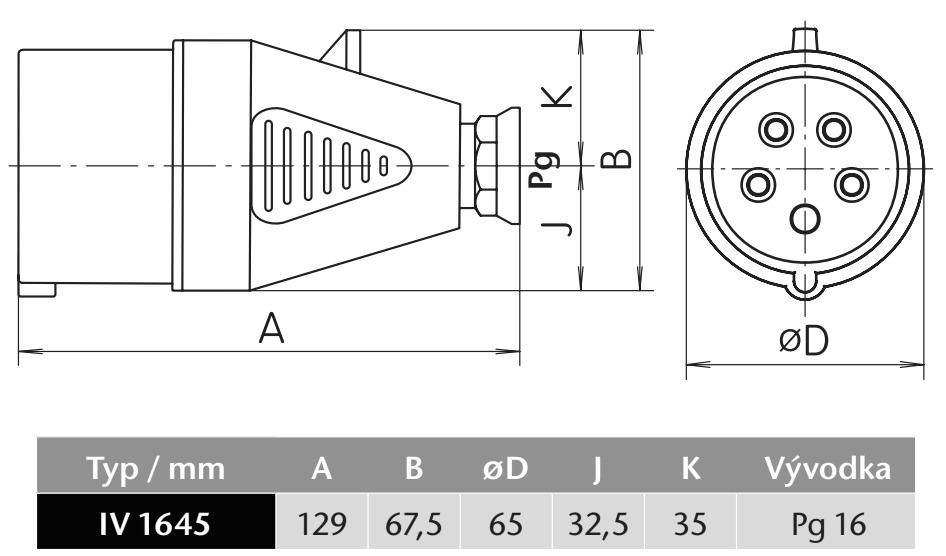 Průmyslová vidlice IV 1645 500V, IP44, 16A, 4-pól