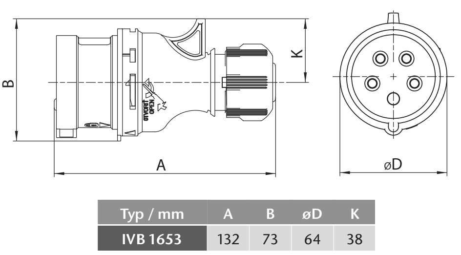 Průmyslová vidlice IVB 1653 400V, IP44, 16A, 5-pól bezšroubová