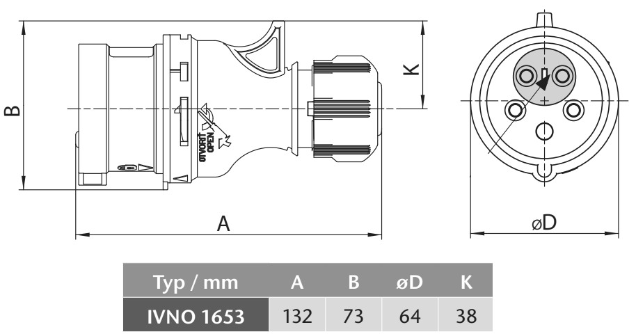 Průmyslová vidlice IVNO 1653 400V, IP44, 16A, 5-pól možnost otočení fází