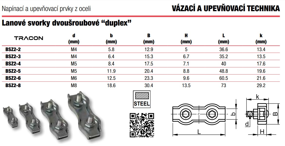 Tracon BSZ2-8 Lanová svorka dvojšroubová 'duplex', pozinkovaná ocel d=8-9mm, M6