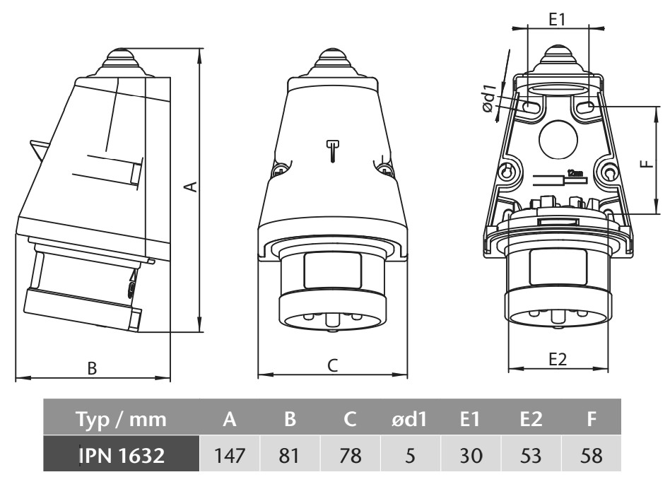 Průmyslová nástěnná přívodka IPN 1632 230V, IP54, 16A, 3-pól