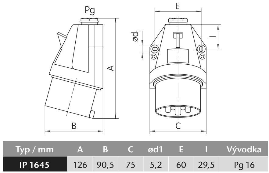 Průmyslová nástěnná přívodka IP 1645 500V, IP44, 16A, 4-pól