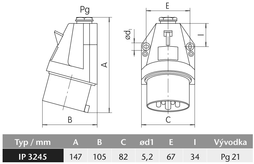 Průmyslová nástěnná přívodka IP 3245 500V, IP44, 32A, 4-pól
