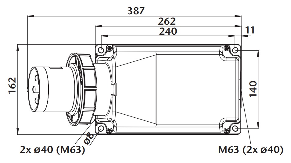 Průmyslová nástěnná přívodka IPGN 12532 230V, IP67, 125A, 3-pól