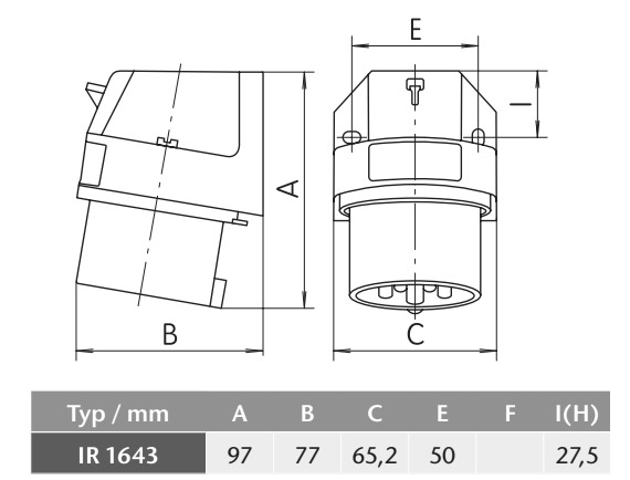 Průmyslová vestavná přívodka úhlová IR 1643 400V, IP44, 16A, 4-pól