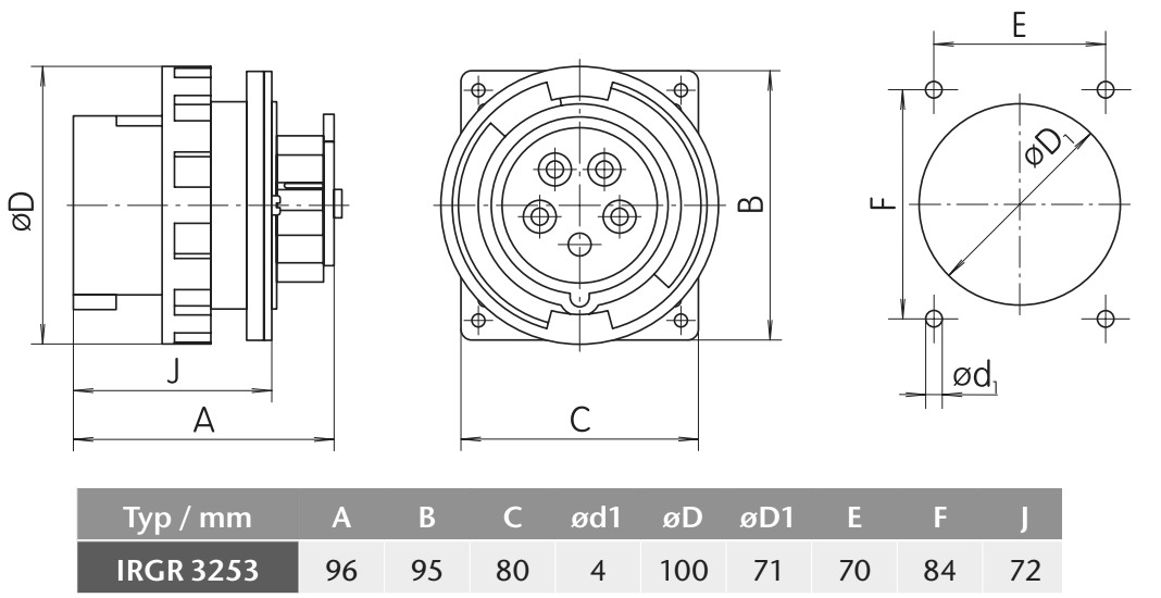 Průmyslová vestavná přívodka rovná IRGR 3253 400V, IP67, 32A, 5-pól