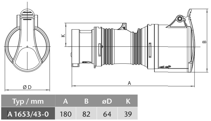 Reverzační adaptér A 1653/43-0 400V, IP44, 16A z 5-pól na 4-pól možnost otočení fází