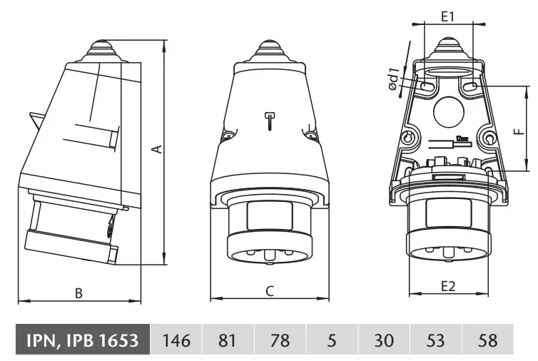 Průmyslová nástěnná přívodka IPB 1653 400V, IP44, 16A, 5-pól bezšroubová