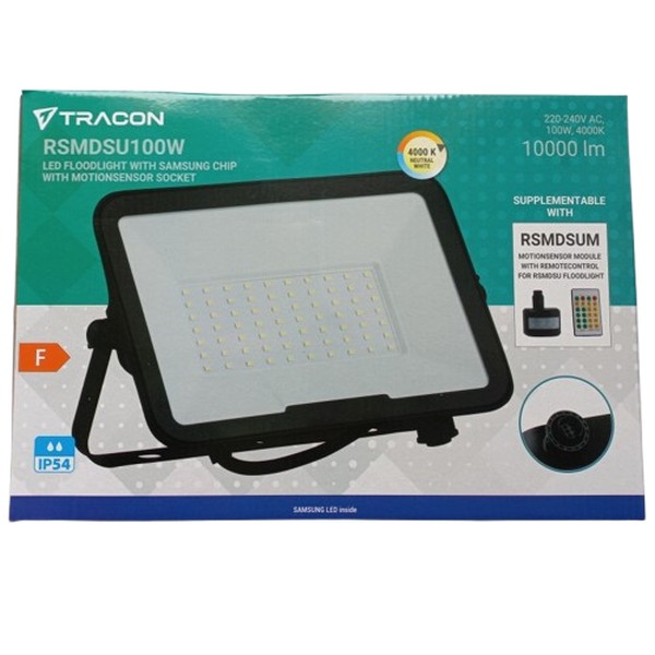 Tracon RSMDSU100W LED reflektor s čipem SAMSUNG, s přípojkou na sním. pohybu 220-240V AC, 100W, 4000K, IP54, 10000lm, EEI=F