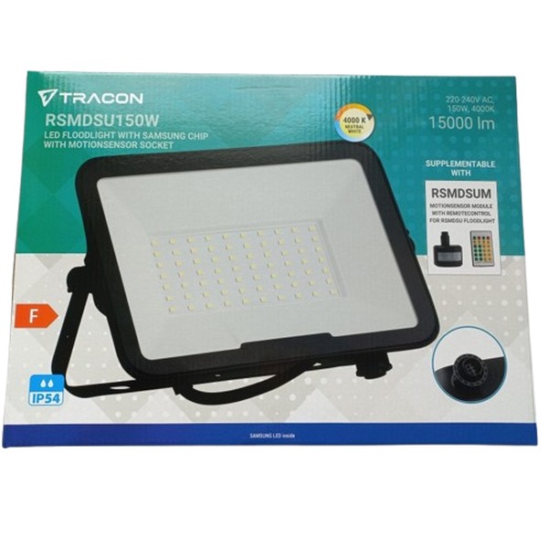Tracon RSMDSU150W LED reflektor s čipem SAMSUNG, s přípojkou na sním. pohybu 220-240V AC, 150W, 4000K, IP54, 15000lm, EEI=F