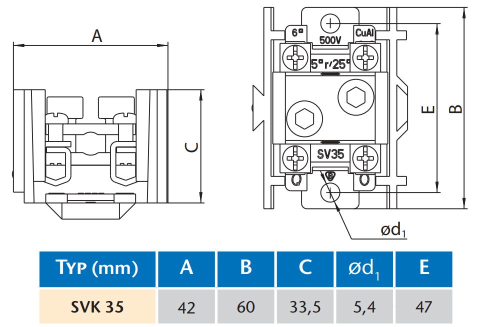 Stoupací svorkovnice s krytem, průřez hlavního vodiče 10-35mm2, vedlejšího 2,5-6mm2, 1pól, IP20