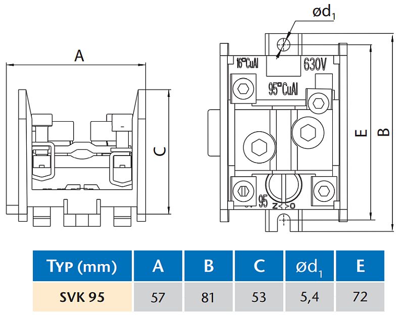 Stoupací svorkovnice s krytem, průřez hlavního vodiče 16-95mm2, vedlejšího vodiče 6-16mm2, 1pól, IP20