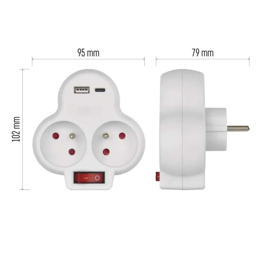 EMOS P0073 Rozbočovací zásuvka 2x 230V/AC, vypínač, nabíjení 1xUSB-A + 1xUSB-C, bílá