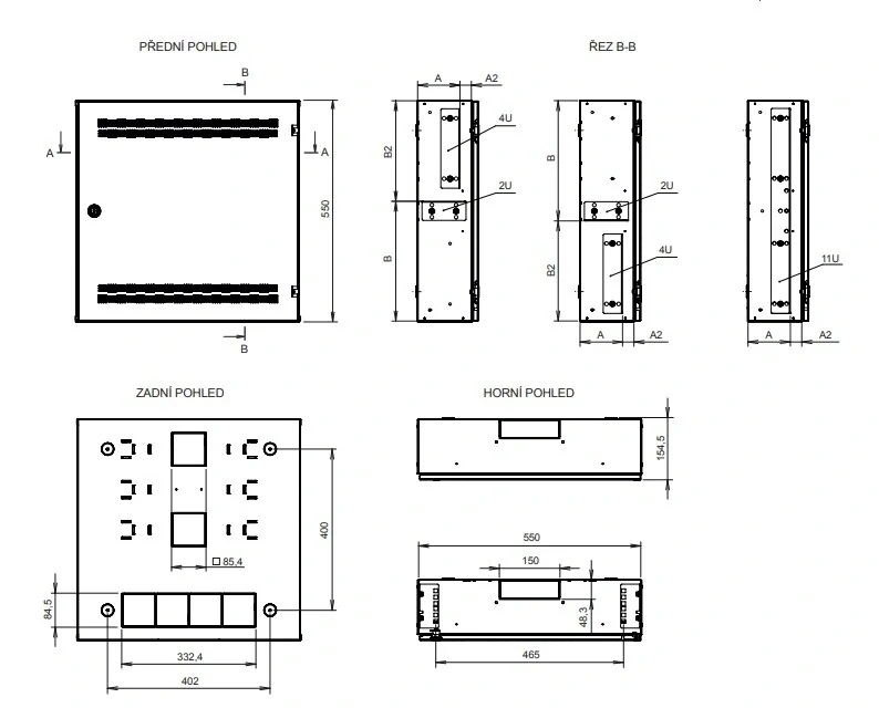 SOLARIX 86000562 SOHO LC-18 Rozvaděč do zdi s lišt. 2U, 4U a 11U, 550x550 bílá s rámečkem