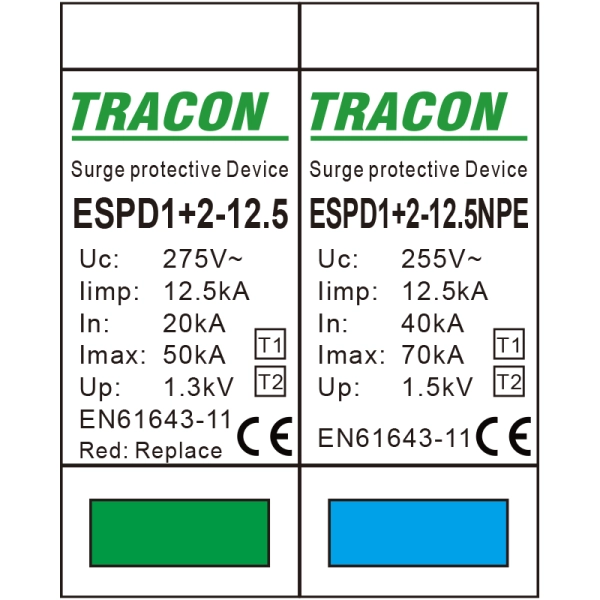 Tracon ESPD1+2-12.5-1+1P Svodič přepětí AC, typ T1+T2odnímatelný modul Uc:275V; Iimp:12,5kA; In:20/40kA; Imax:50kA; Up:1,3kV; 1+1P
