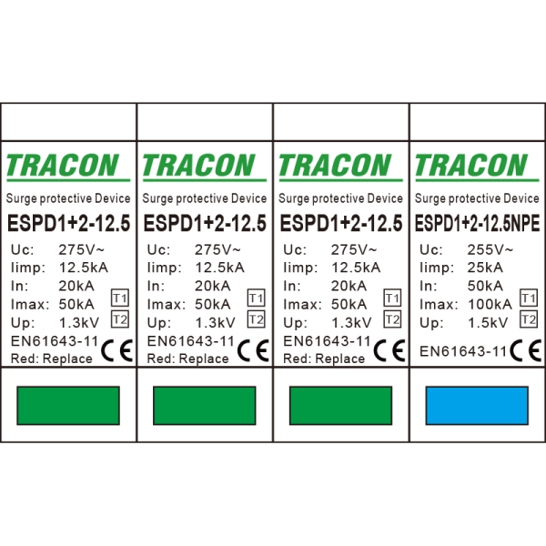 Tracon ESPD1+2-12.5-3+1P Svodič přepětí AC, typ T1+T2 odnímatelný modul Uc:275V; Iimp:12,5kA; In:20/40kA; Imax:50kA; Up:1,3kV; 3+1P