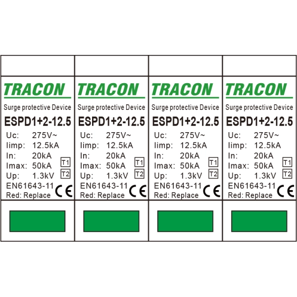 Tracon ESPD1+2-12.5-4P Svodič přepětí AC, typ T1+T2odnímatelný modul Uc:275V; Iimp:12,5kA; In:20kA; Imax:50kA; Up:1,3kV; 4P