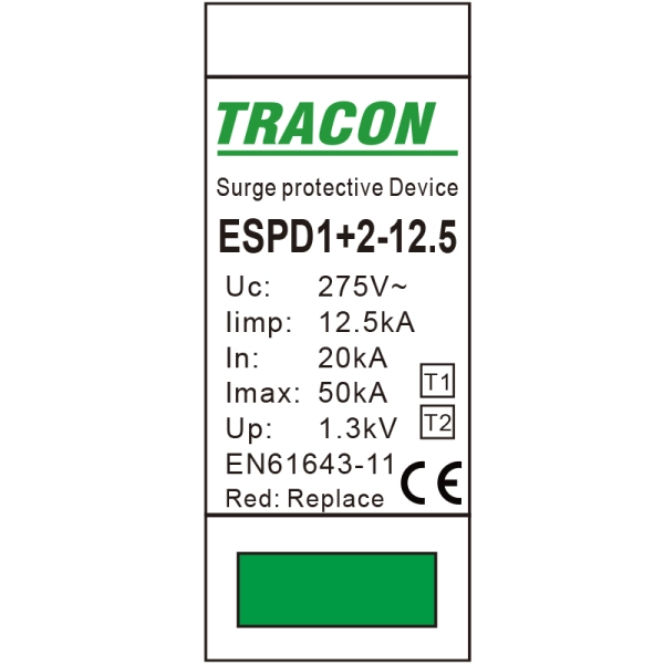 Tracon ESPD1+2-12.5NPEO Svodič přepětí AC, typ T1+T2, 12.5 NPE vložka Uc:275V, Iimp:12,5kA, In:20/40kA, Imax:50kA, Up:1,3kV