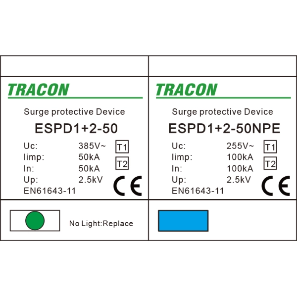 Tracon ESPD1+2-50-1+1P Svodič přepětí AC, typ T1+T2 neodnímatelný modul Uc:385V; Iimp:50/100kA; In:50/100kA; Up:2,5kV; 1+1P