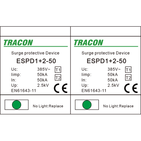 Tracon ESPD1+2-50-2P Svodič přepětí AC, typ T1+T2 neodnímatelný modul Uc:385V; Iimp:50kA; In:50kA; Imax:160kA; Up:2,5kV; 2P