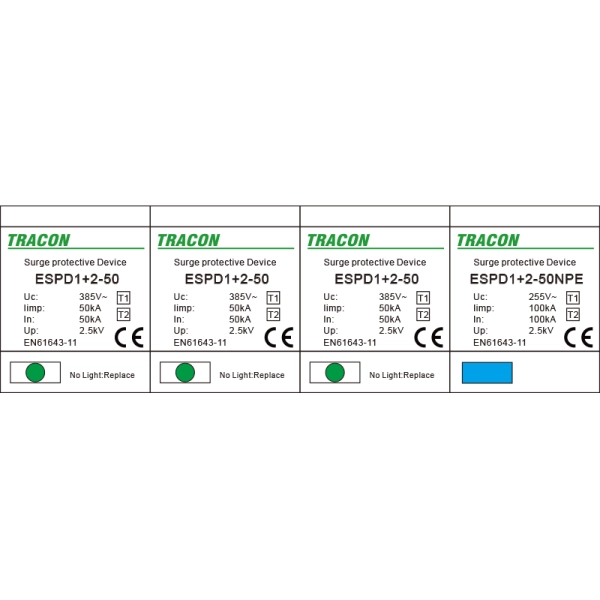 Tracon ESPD1+2-50-3+1P Svodič přepětí AC, typ T1+T2 neodnímatelný modul Uc:385V; Iimp:50/100kA; In:50/100kA; Up:2,5kV; 3+1P