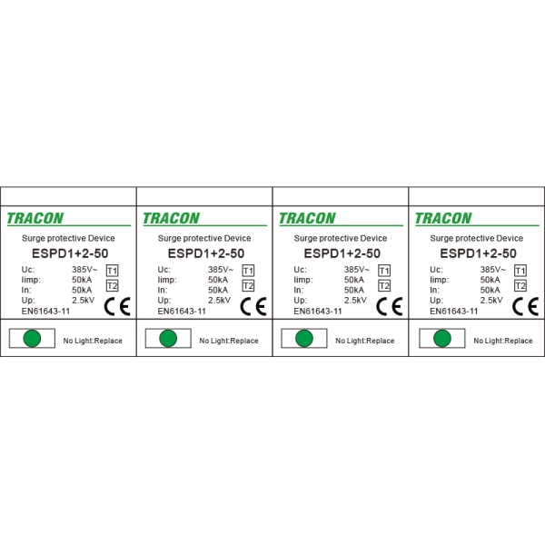 Tracon ESPD1+2-50-4P Svodič přepětí AC, typ T1+T2 neodnímatelný modul Uc:385V; Iimp:50kA; In:50kA; Imax:160kA; Up:2,5kV; 4P