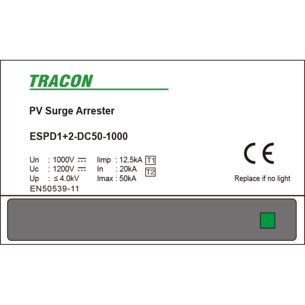 Tracon ESPD1+2-DC50-1000 Svodič přepětí AC, typ T1+T2 neodnímatelný modul Ucpv: 1200V; Iimp:12,5kA; In:20kA; Imax:50kA; Up:4kV