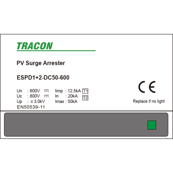 Tracon ESPD1+2-DC50-600 Svodič přepětí AC, typ T1+T2 neodnímatelný modul Ucpv: 800V; Iimp:12,5kA; In:20kA; Imax:50kA; Up:3kV