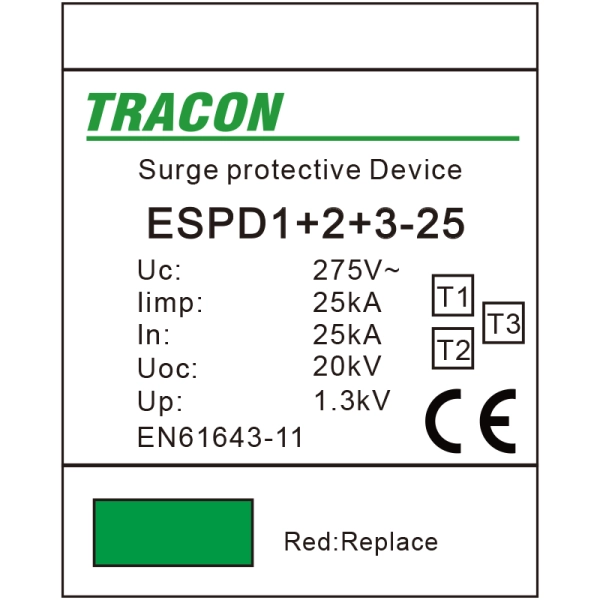 Tracon ESPD1+2+3-25-1P Svodič přepětí AC, typ T1+T2+T3 neodnímatelný modul Uc:275V; Iimp:25kA; In:25kA; Uoc:20kV; Up:1,3kV; 1P