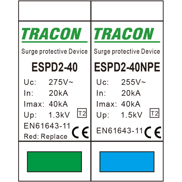 Tracon ESPD2-40-1+1P Svodič přepětí AC, typ T2 odnímatelný modul Uc:275/255V; In:20kA; Imax:40kA; Up:1,3/1,5kV; 1+1P
