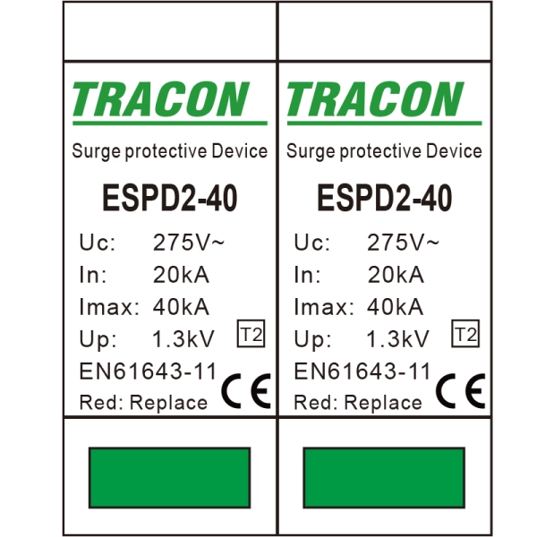 Tracon ESPD2-40-2P Svodič přepětí AC, typ T2 odnímatelný modul Uc:275V; In:20kA; Imax:40kA; Up:1,3kV; 2P