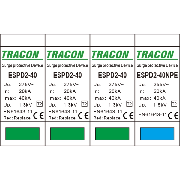 Tracon ESPD2-40-3+1P Svodič přepětí AC, typ T2 odnímatelný modul Uc:275/255V; In:20kA; Imax:40kA; Up:1,3/1,5kV; 3+1P