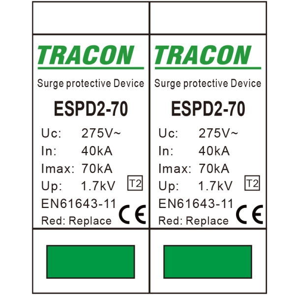 Tracon ESPD2-70-2P Svodič přepětí AC, typ T2 odnímatelný modul Uc:275V; In:40kA; Imax:70kA; Up:1,7kV; 2P
