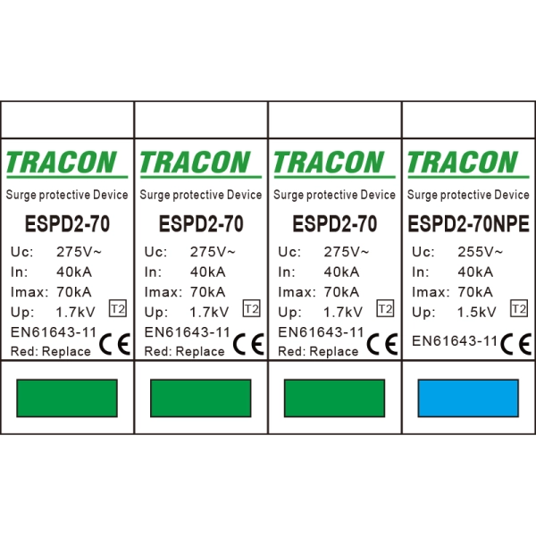Tracon ESPD2-70-3+1P Svodič přepětí AC, typ T2 odnímatelný modul Uc:275/255V; In:40kA; Imax:70kA; Up:1,7/1,5kV; 3+1P