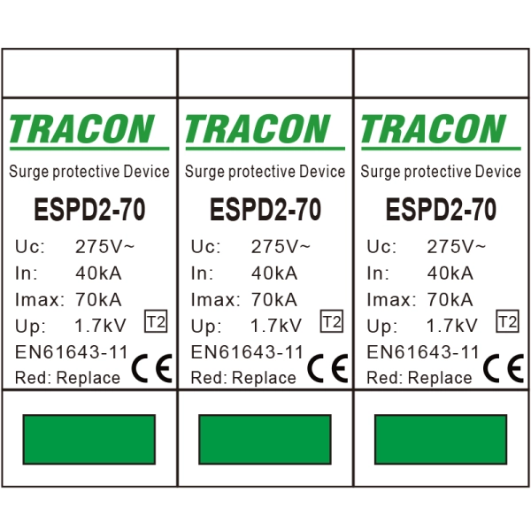 Tracon ESPD2-70-3P Svodič přepětí AC, typ T2 odnímatelný modul Uc:275V; In:40kA; Imax:70kA; Up:1,7kV; 3P