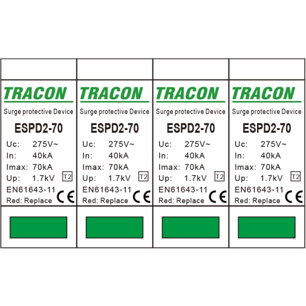 Tracon ESPD2-70-4P Svodič přepětí AC, typ T2 odnímatelný modul Uc:275V; In:40kA; Imax:70kA; Up:1,7kV; 4P