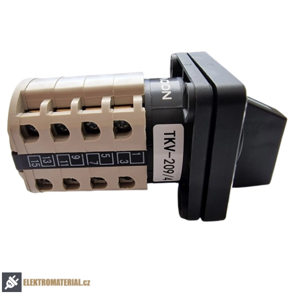 Vačkový přepínač, 1-0-2 Tracon TKV-209/4 400V, 50Hz, 20A, 2×4P, 5,5kW, 48×48mm, 90°