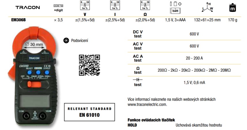 Tracon EM306B Digitální klešťový multimetr DCV,ACV,ACA 200A, OHM