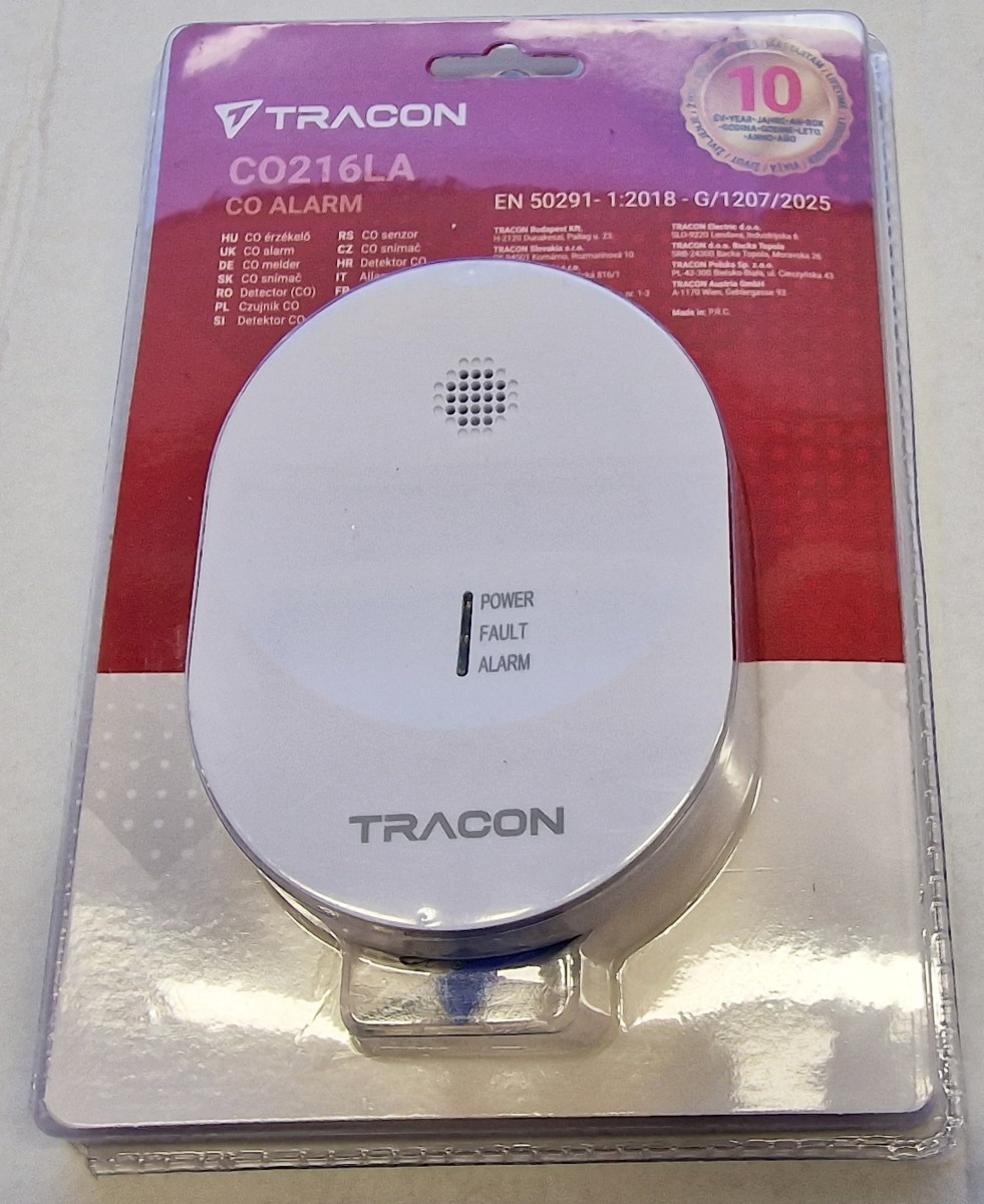 Tracon CO216LA Detektor oxidu uhelnatého (CO) 3 VDC, 2,4 Ah, >85 dB