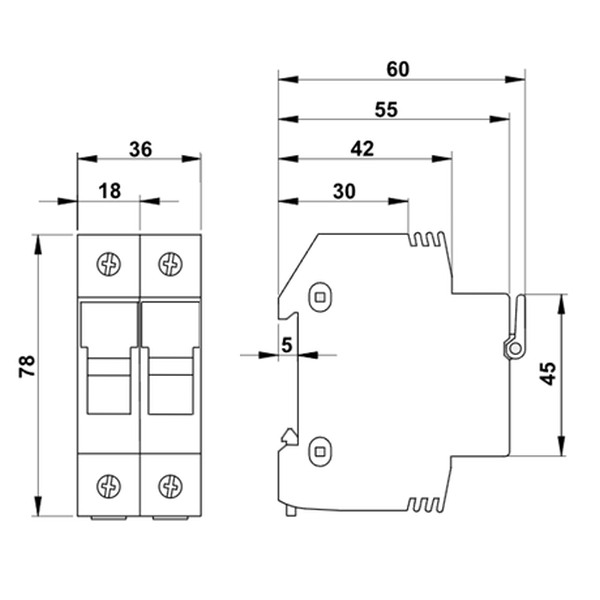 Tracon HBA-2P-32 Pojistkový odpínač k válcové pojistce 32A, 10x38mm; Un=230V/400V